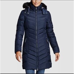 Eddie Bauer Womens Sun Valley Navy Blue Hooded Faux Fur Trim Down Puffer Coat TL